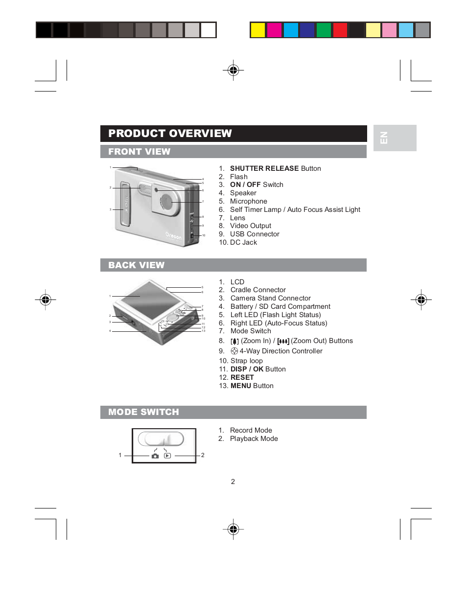 Product overview, Back view, Mode switch front view | Oregon Scientific 3.0 MEGA-PIXEL DIGITAL CAMERA WITH JUMBO DISPLAY PV 100 User Manual | Page 6 / 42