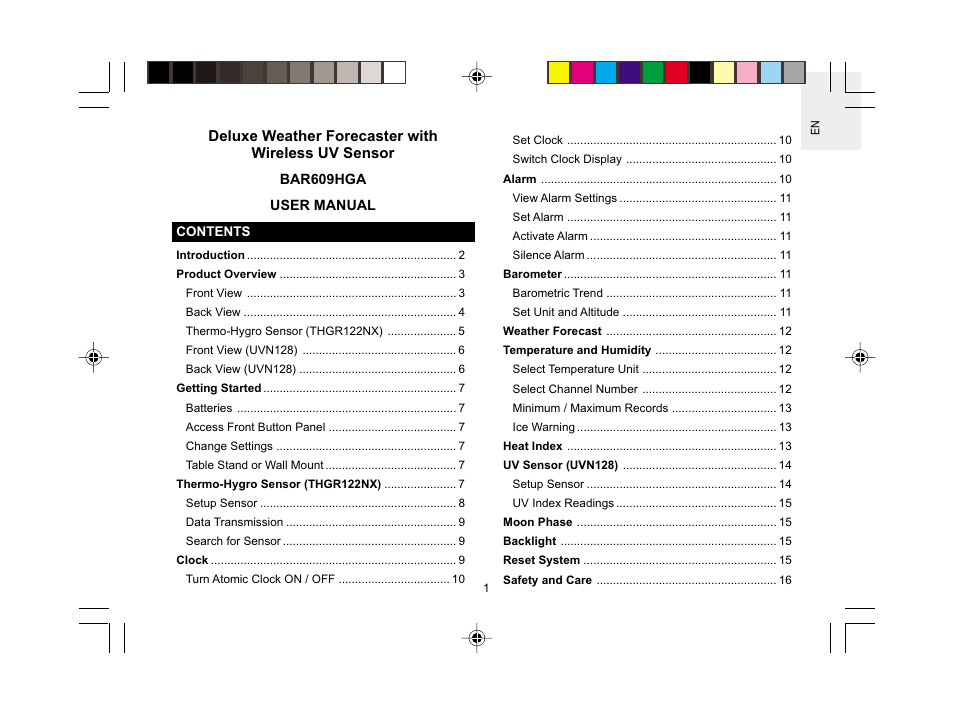 Deluxe weather forecaster with wireless uv sensor | Oregon Scientific BAR609HGA User Manual | Page 2 / 22