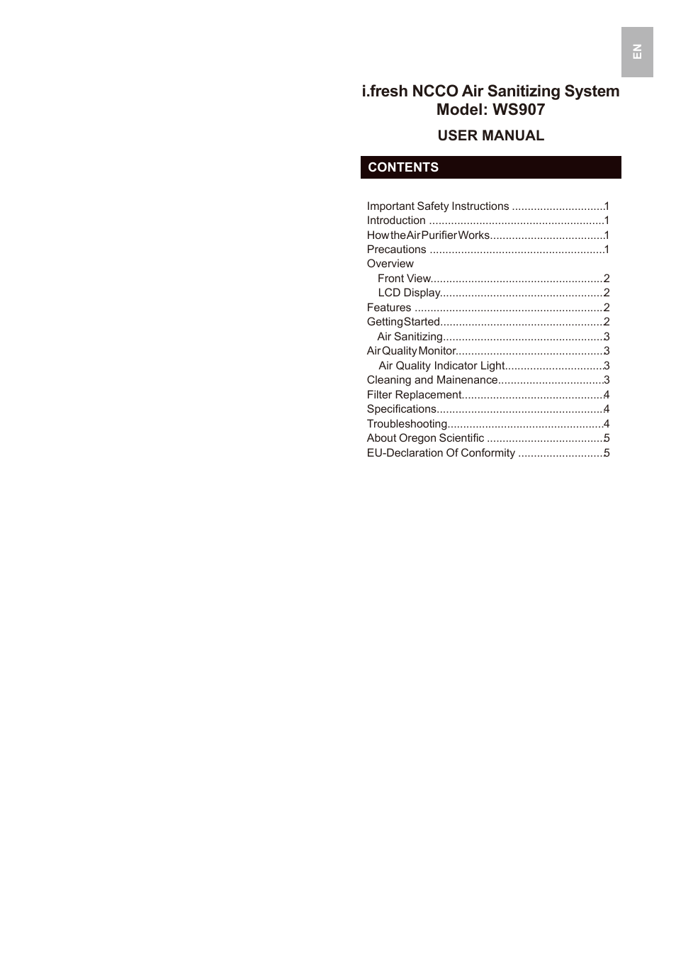 I.fresh ncco air sanitizing system model: ws907, User manual | Oregon Scientific WS907 User Manual | Page 2 / 59