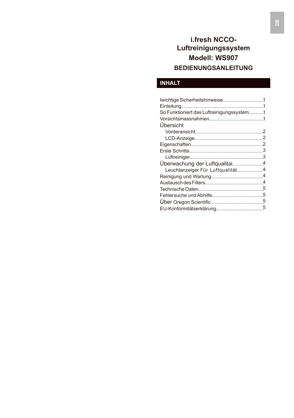 I.fresh ncco- luftreinigungssystem modell: ws907, Bedienungsanleitung | Oregon Scientific WS907 User Manual | Page 20 / 59