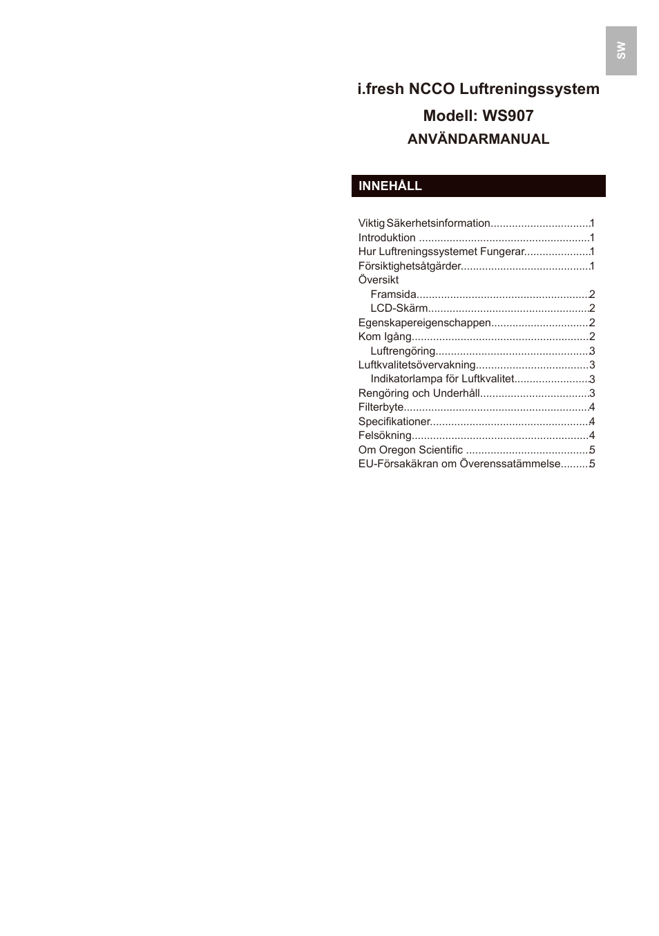 I.fresh ncco luftreningssystem modell: ws907, Användarmanual | Oregon Scientific WS907 User Manual | Page 44 / 59