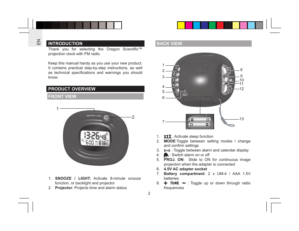 Oregon Scientific Radio-Controlled Projection Clock with FM Radio RRM310P User Manual | Page 2 / 8