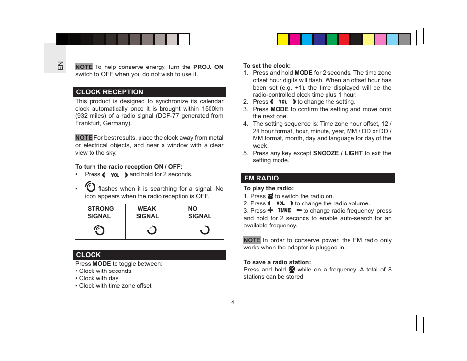 Oregon Scientific Radio-Controlled Projection Clock with FM Radio RRM310P User Manual | Page 4 / 8