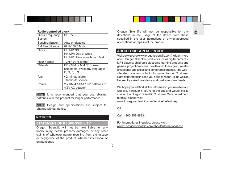 Oregon Scientific Radio-Controlled Projection Clock with FM Radio RRM310P User Manual | Page 7 / 8