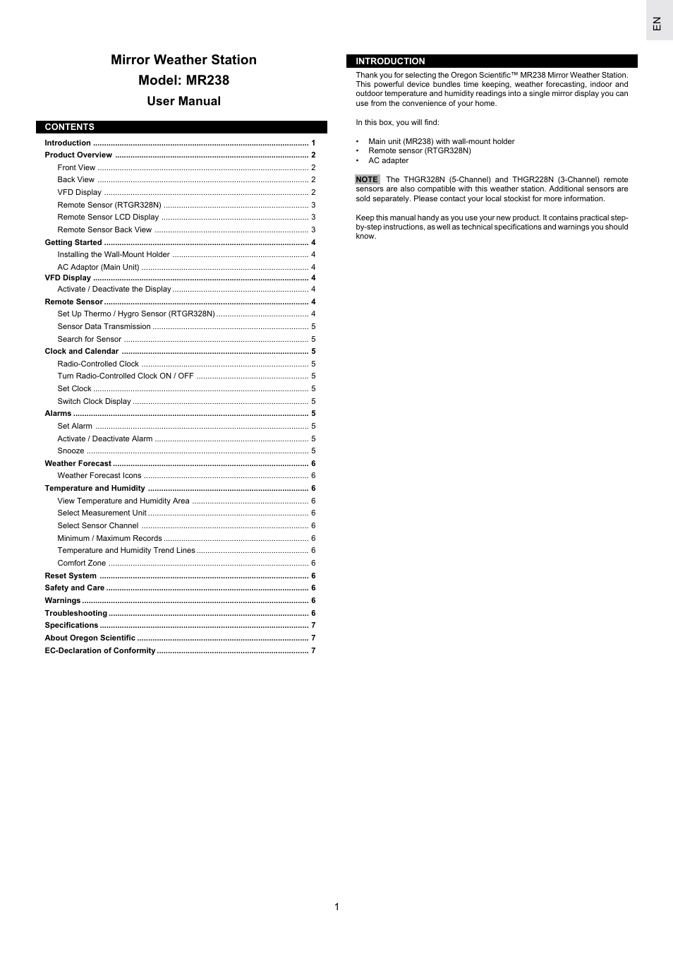 Oregon Scientific Mirror Weather Station MR238 User Manual | 9 pages