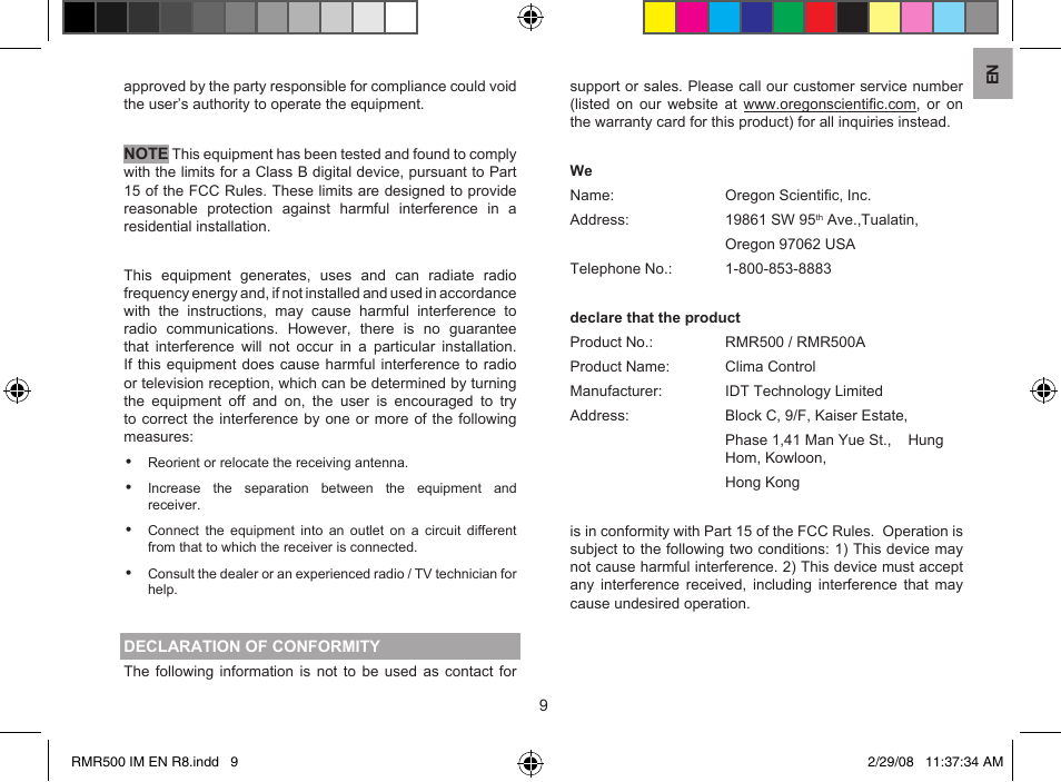 Oregon Scientific RMR500 User Manual | Page 9 / 9