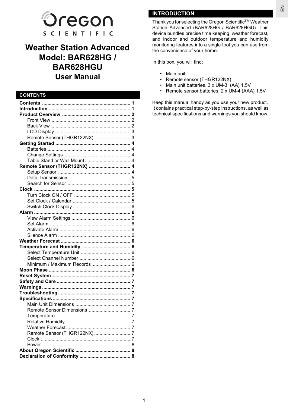 Oregon Scientific Weather Station Advanced BAR628HG / BAR628HGU User Manual | 10 pages