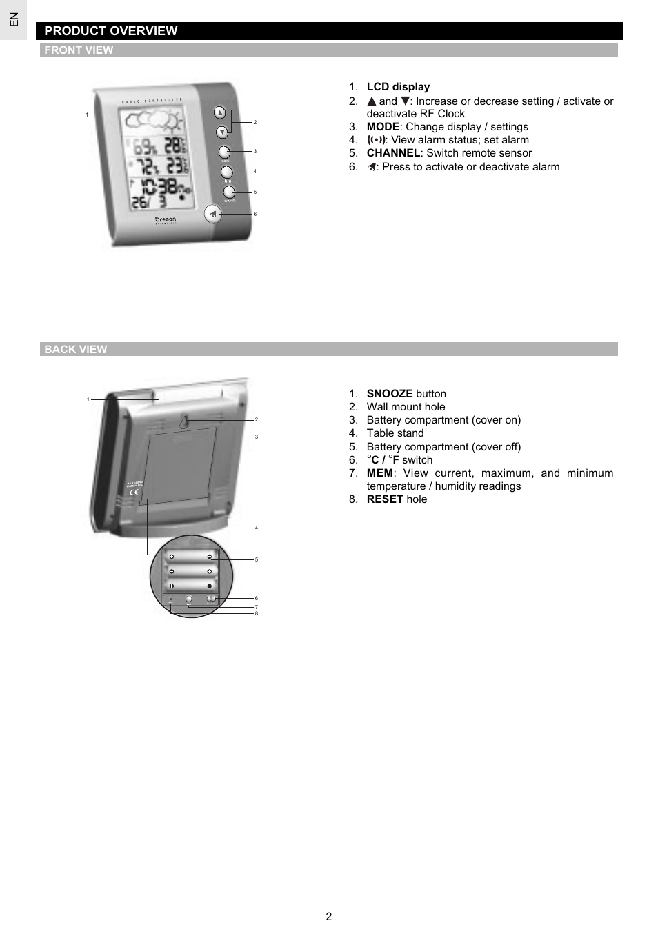 Product overview | Oregon Scientific Weather Station Advanced BAR628HG / BAR628HGU User Manual | Page 2 / 10