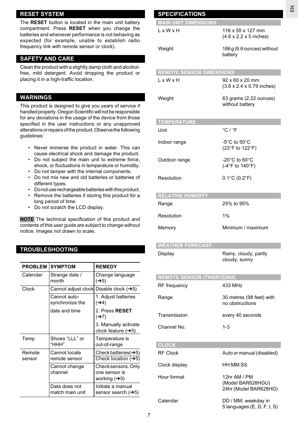 Oregon Scientific Weather Station Advanced BAR628HG / BAR628HGU User Manual | Page 7 / 10