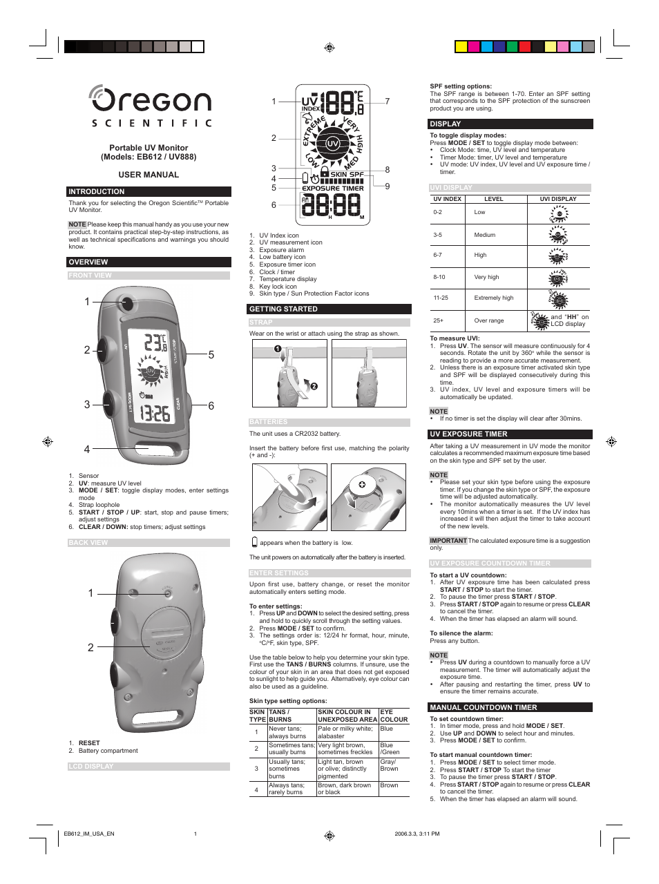 Oregon Scientific Portable UV Monitor E8612 User Manual | 2 pages