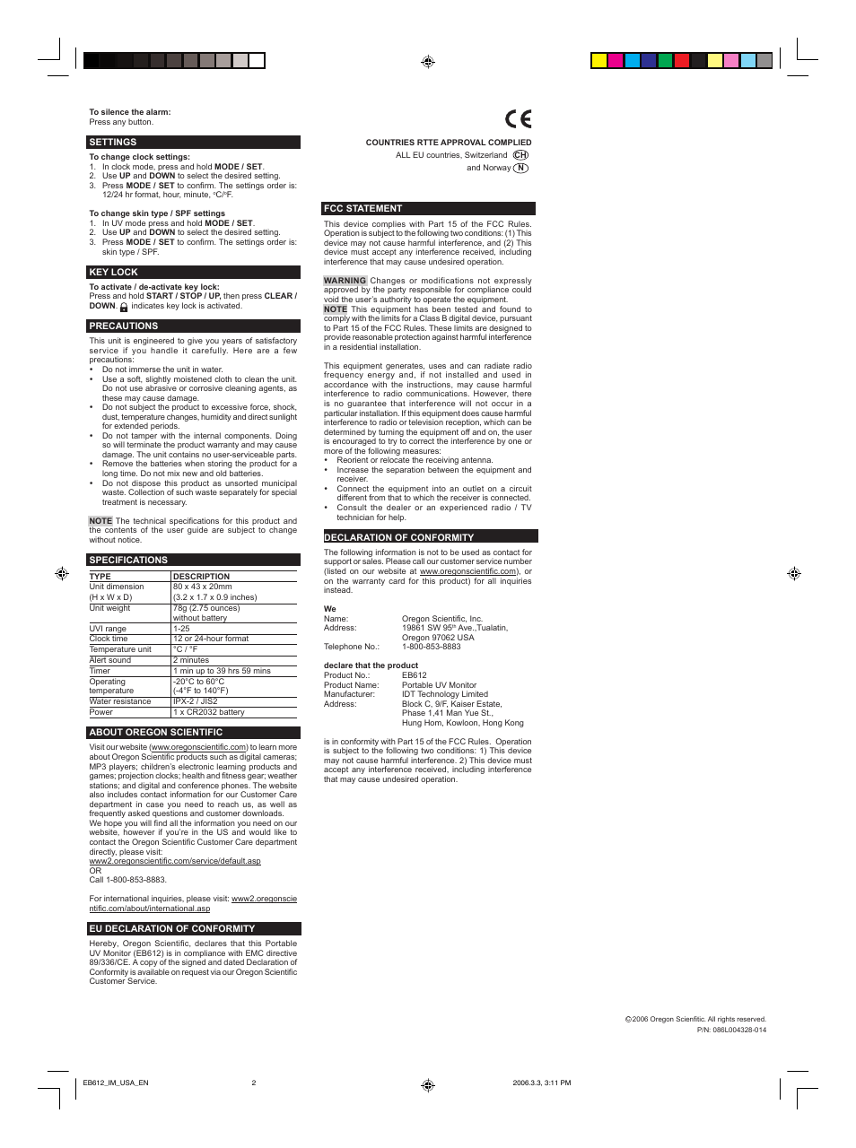 Oregon Scientific Portable UV Monitor E8612 User Manual | Page 2 / 2