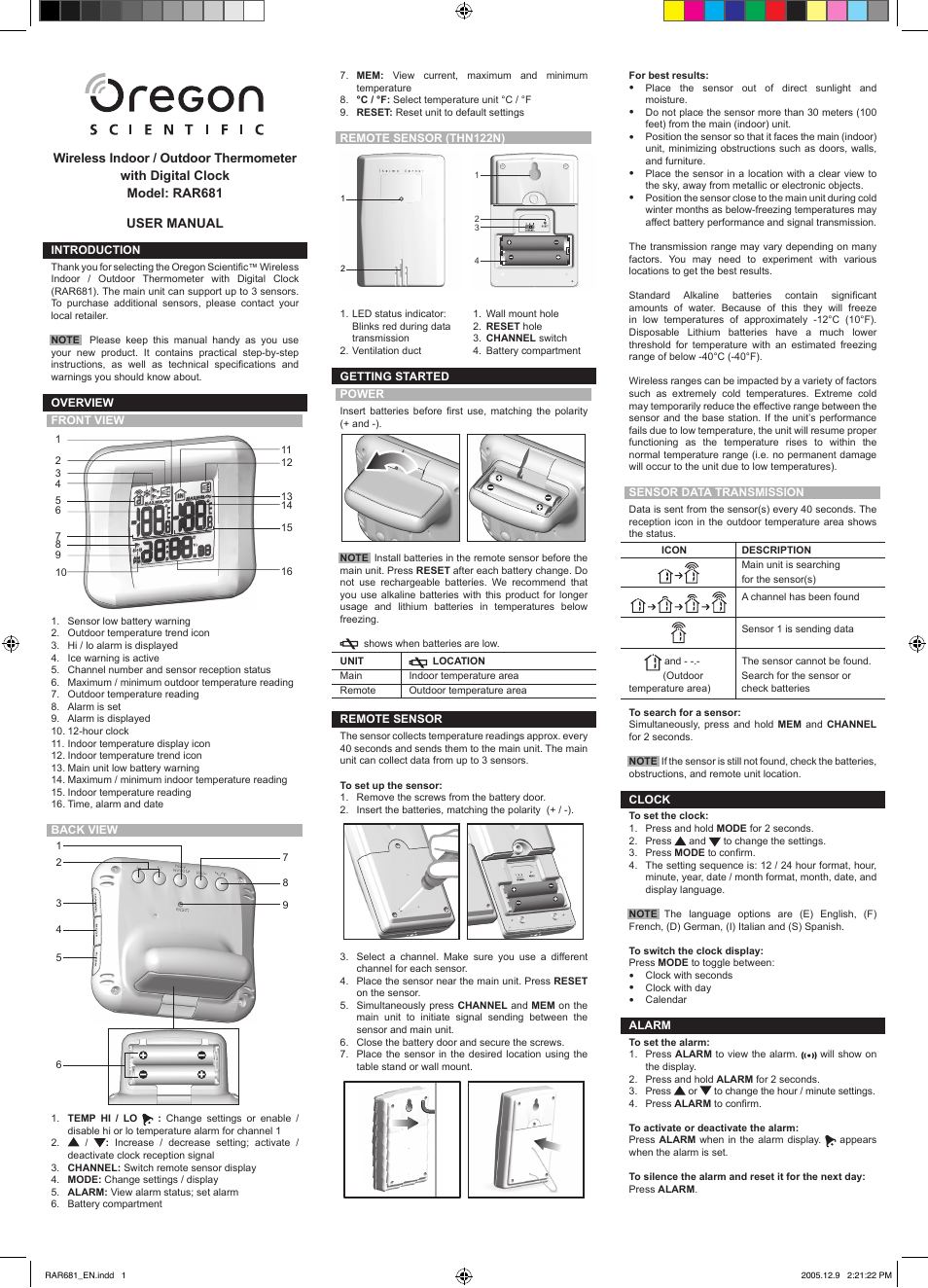 Oregon Scientific RAR681 User Manual | 2 pages