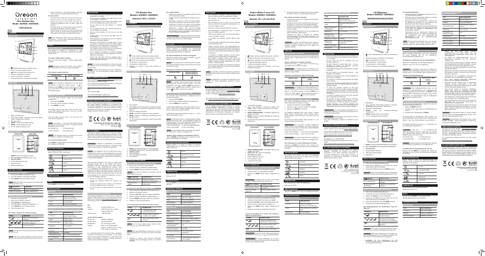 Oregon Scientific BAR800 User Manual | 2 pages