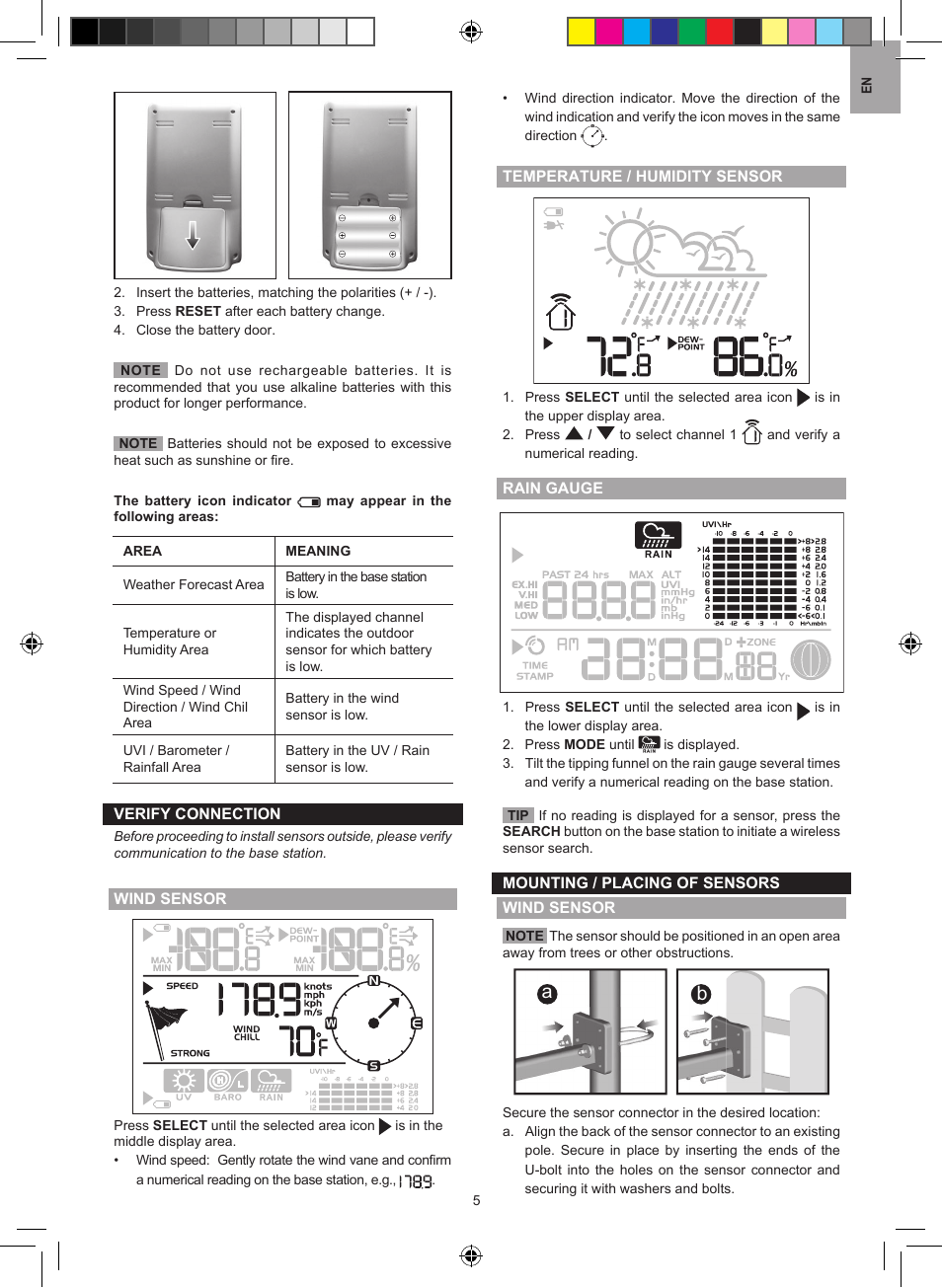 Erify connection, Ind sensor, G / placing of sensors | Oregon Scientific Oregon Scientic Pro Weather Station WMR86 User Manual | Page 5 / 11