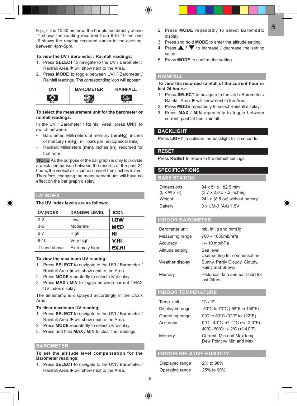 Rainfall, Klight, Ciﬁcations | Oregon Scientific Oregon Scientic Pro Weather Station WMR86 User Manual | Page 9 / 11