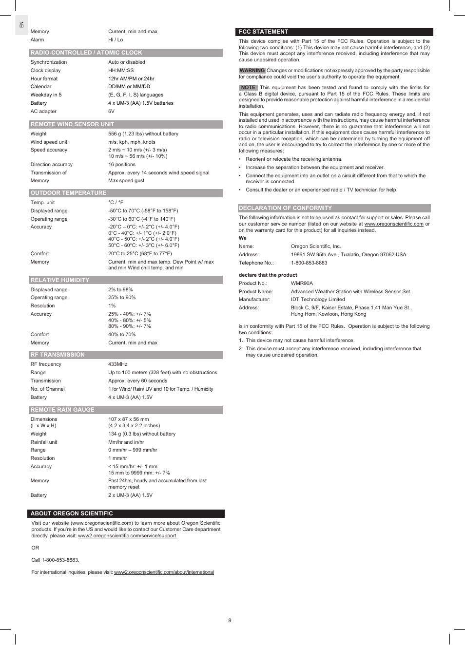 Oregon Scientific WMR90A User Manual | Page 8 / 8