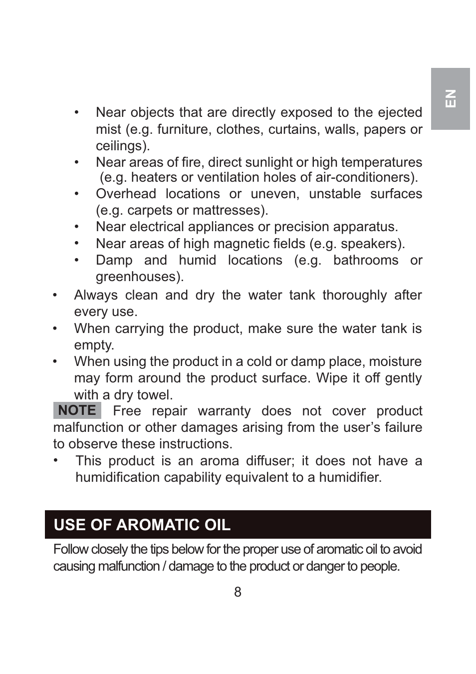 Use of aromatic oil | Oregon Scientific WS904 User Manual | Page 11 / 171