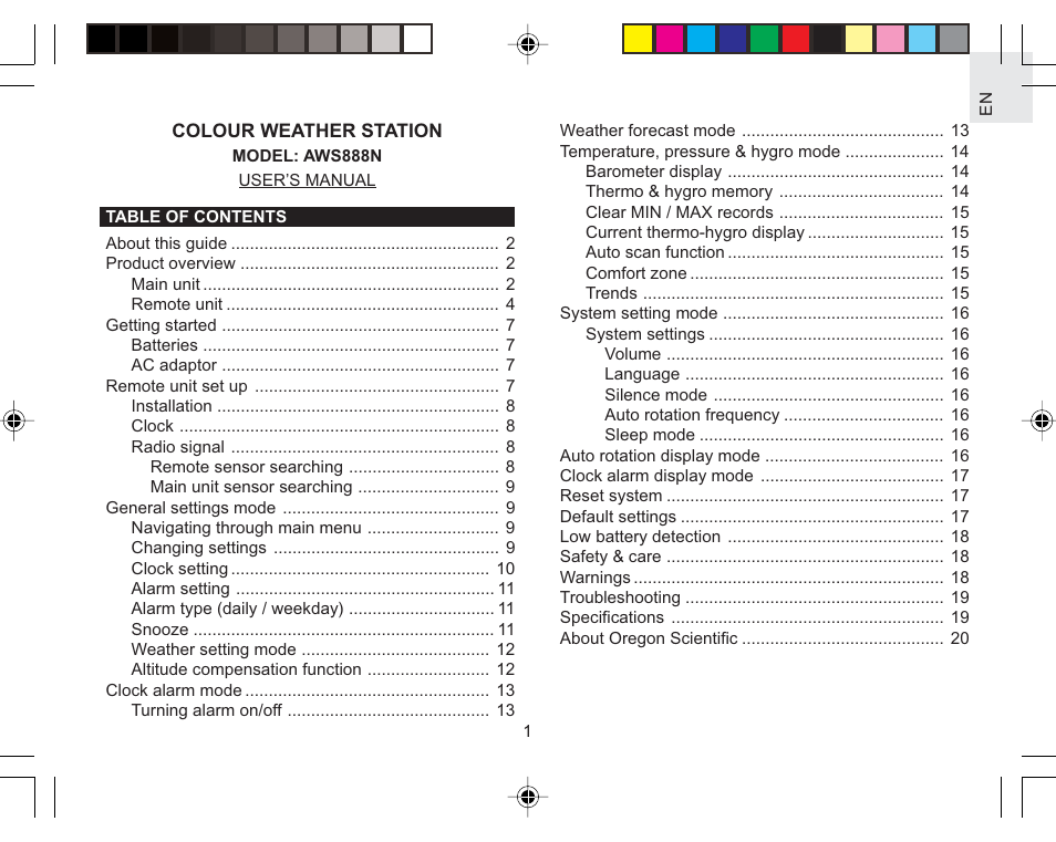 Oregon Scientific Color Weather Station AWS888N User Manual | 21 pages