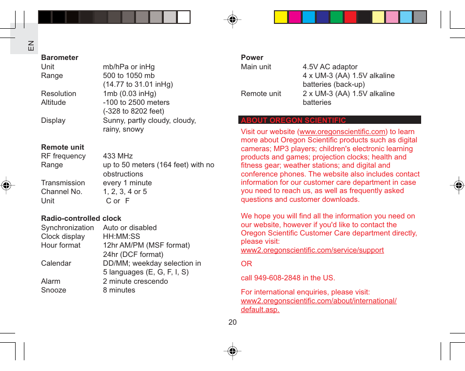 Oregon Scientific Color Weather Station AWS888N User Manual | Page 20 / 21