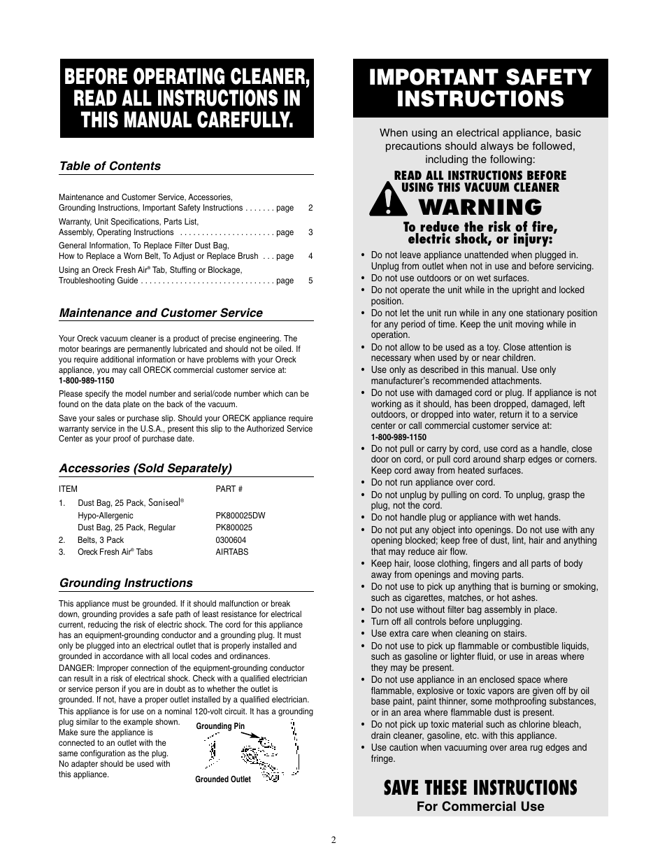 Important safety instructions, Warning, Save these instructions | Oreck XL2090RHM User Manual | Page 3 / 8