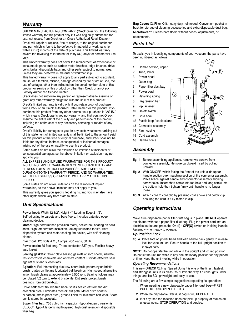 Warranty, Unit specifications, Parts list | Assembly, Operating instructions | Oreck XL2090RHM User Manual | Page 4 / 8