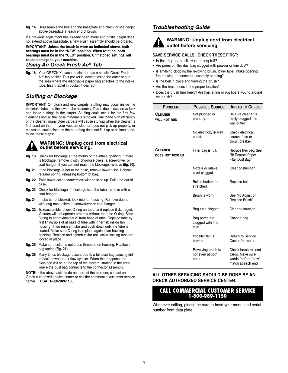Call commercial customer service, Using an oreck fresh air, Stuffing or blockage | Troubleshooting guide | Oreck XL2090RHM User Manual | Page 6 / 8
