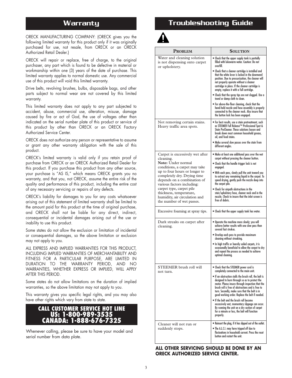 Arranty, Roubleshooting, Uide | Call customer service hot line | Oreck XLS465 User Manual | Page 3 / 11