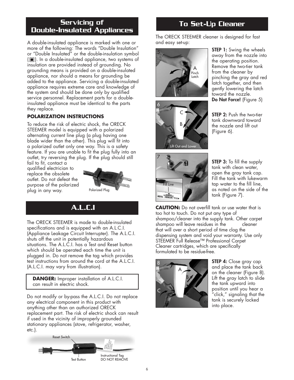 A.l.c.i, Ervicing of, Ouble | Nsulated, Ppliances, Leaner | Oreck XLS465 User Manual | Page 6 / 11