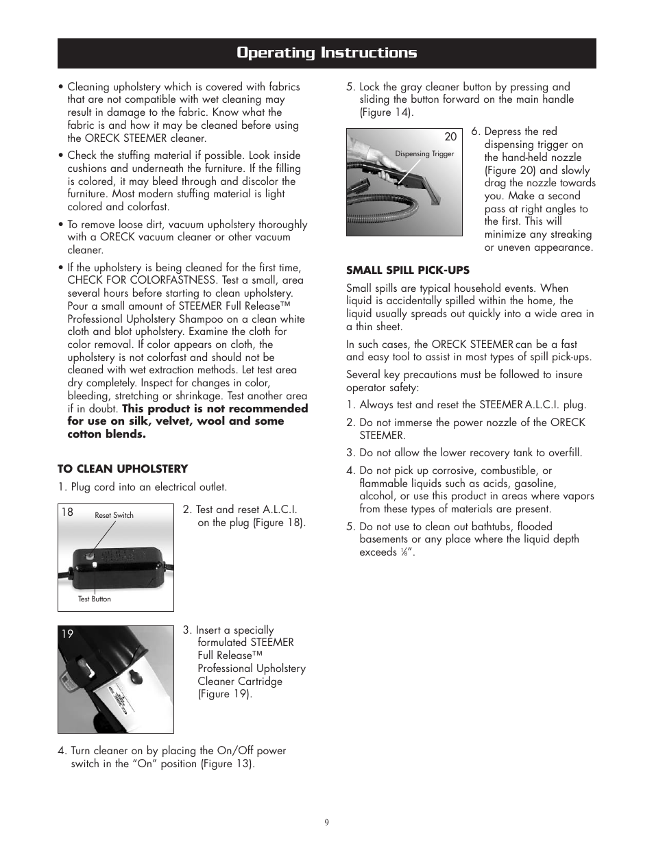 Perating, Nstructions | Oreck XLS465 User Manual | Page 9 / 11