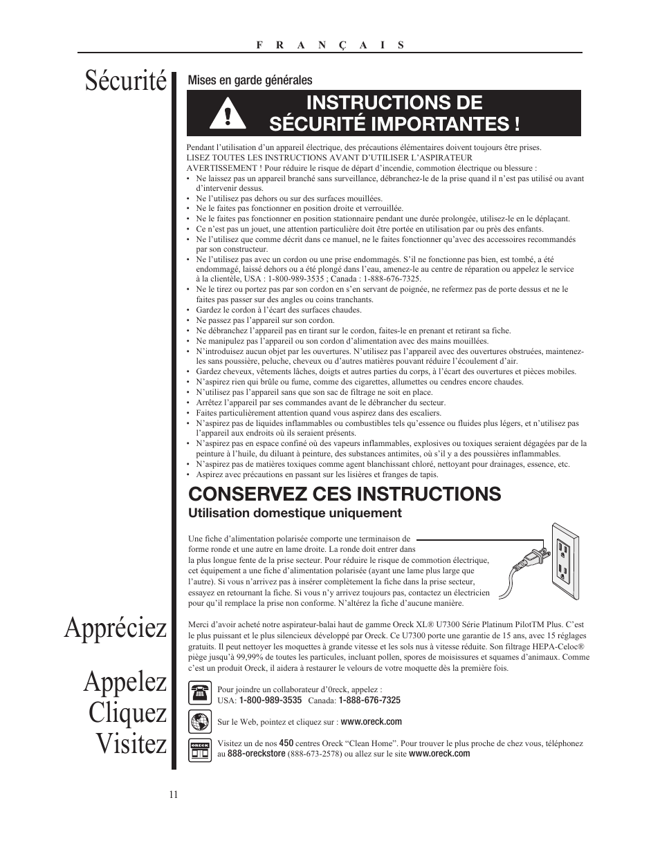 Sécurité appréciez appelez cliquez visitez, Instructions de sécurité importantes, Conservez ces instructions | Oreck PLATINUM PILOT 79053-01REVA User Manual | Page 11 / 28