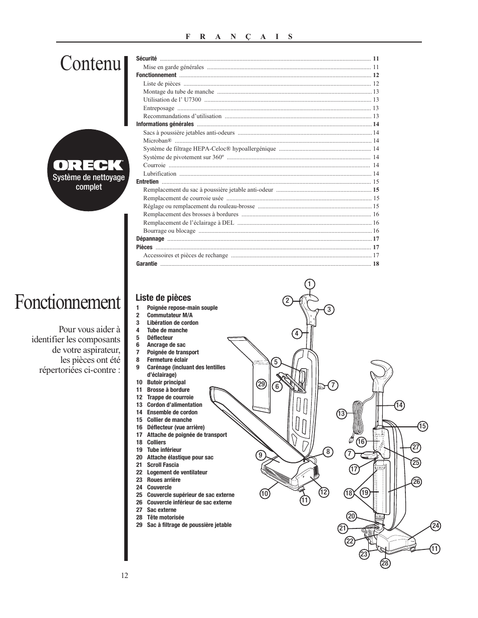 Fonctionnement, Contenu | Oreck PLATINUM PILOT 79053-01REVA User Manual | Page 12 / 28