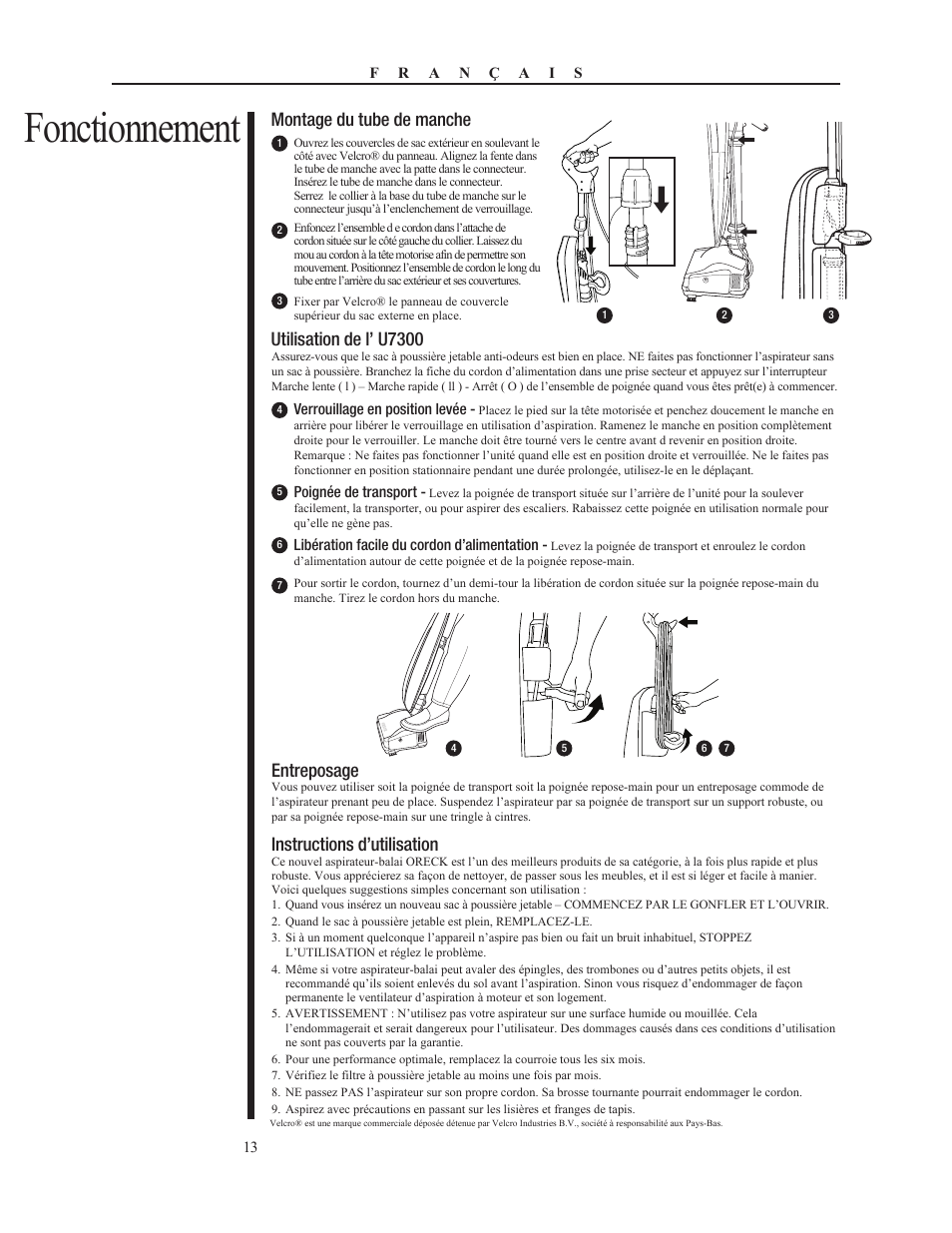 Fonctionnement, Montage du tube de manche, Entreposage | Instructions d’utilisation, Utilisation de l’ u7300 | Oreck PLATINUM PILOT 79053-01REVA User Manual | Page 13 / 28