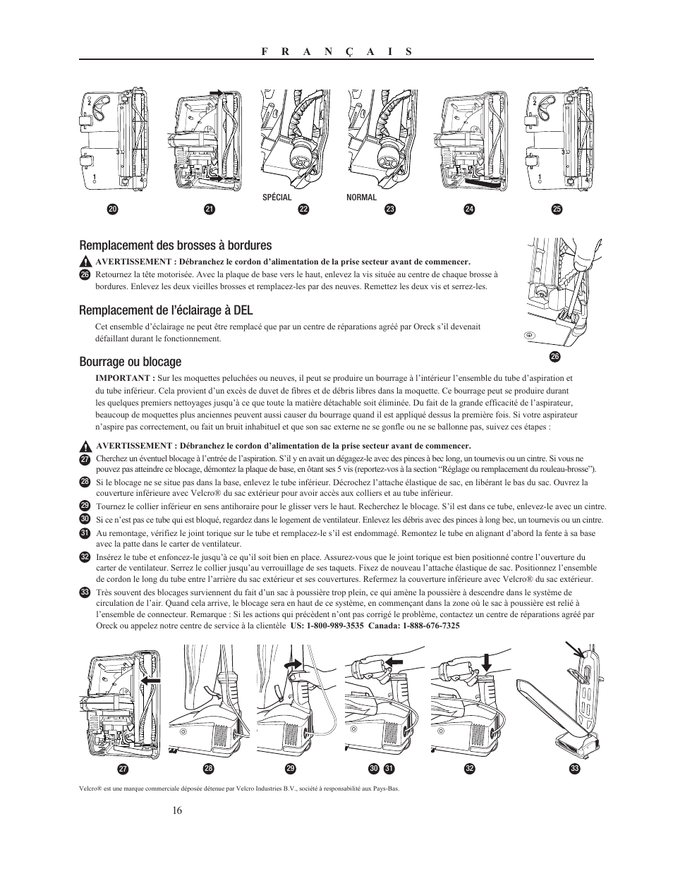Remplacement des brosses à bordures, Remplacement de l’éclairage à del, Bourrage ou blocage | Oreck PLATINUM PILOT 79053-01REVA User Manual | Page 16 / 28