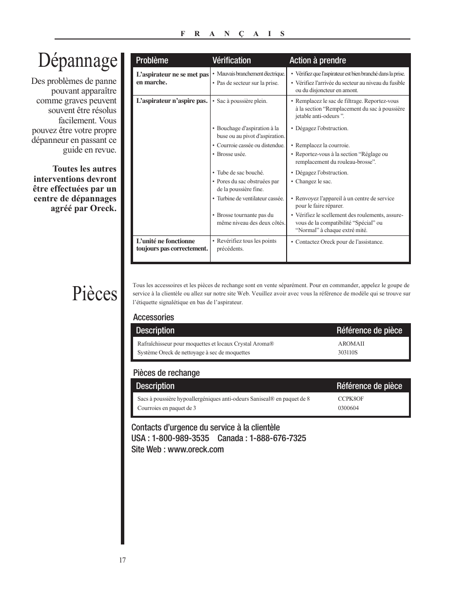 Pièces, Dépannage | Oreck PLATINUM PILOT 79053-01REVA User Manual | Page 17 / 28