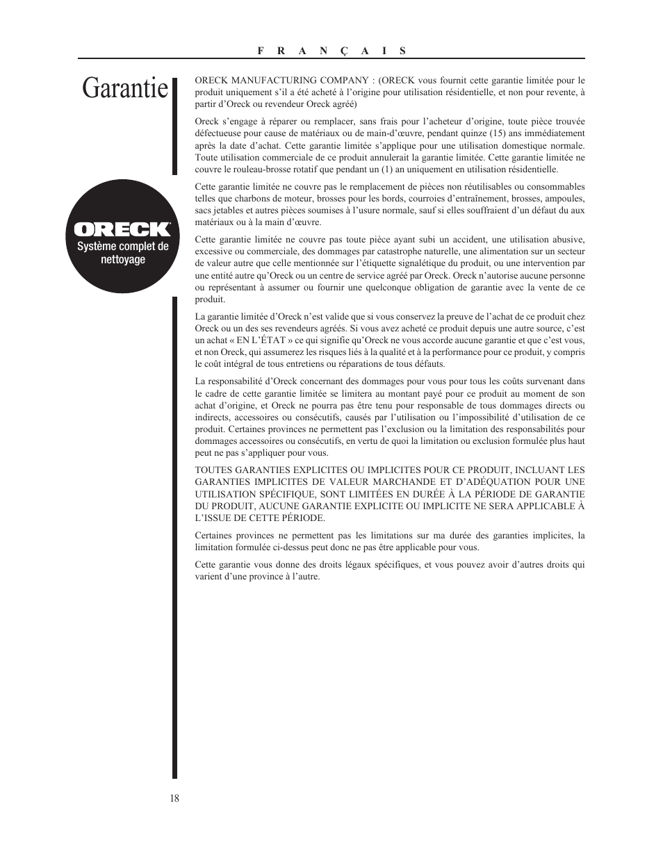 Garantie | Oreck PLATINUM PILOT 79053-01REVA User Manual | Page 18 / 28
