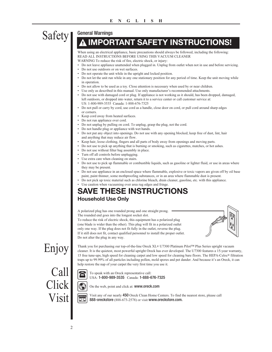 Safety enjoy call click visit, Important safety instructions, Save these instructions | Oreck PLATINUM PILOT 79053-01REVA User Manual | Page 2 / 28