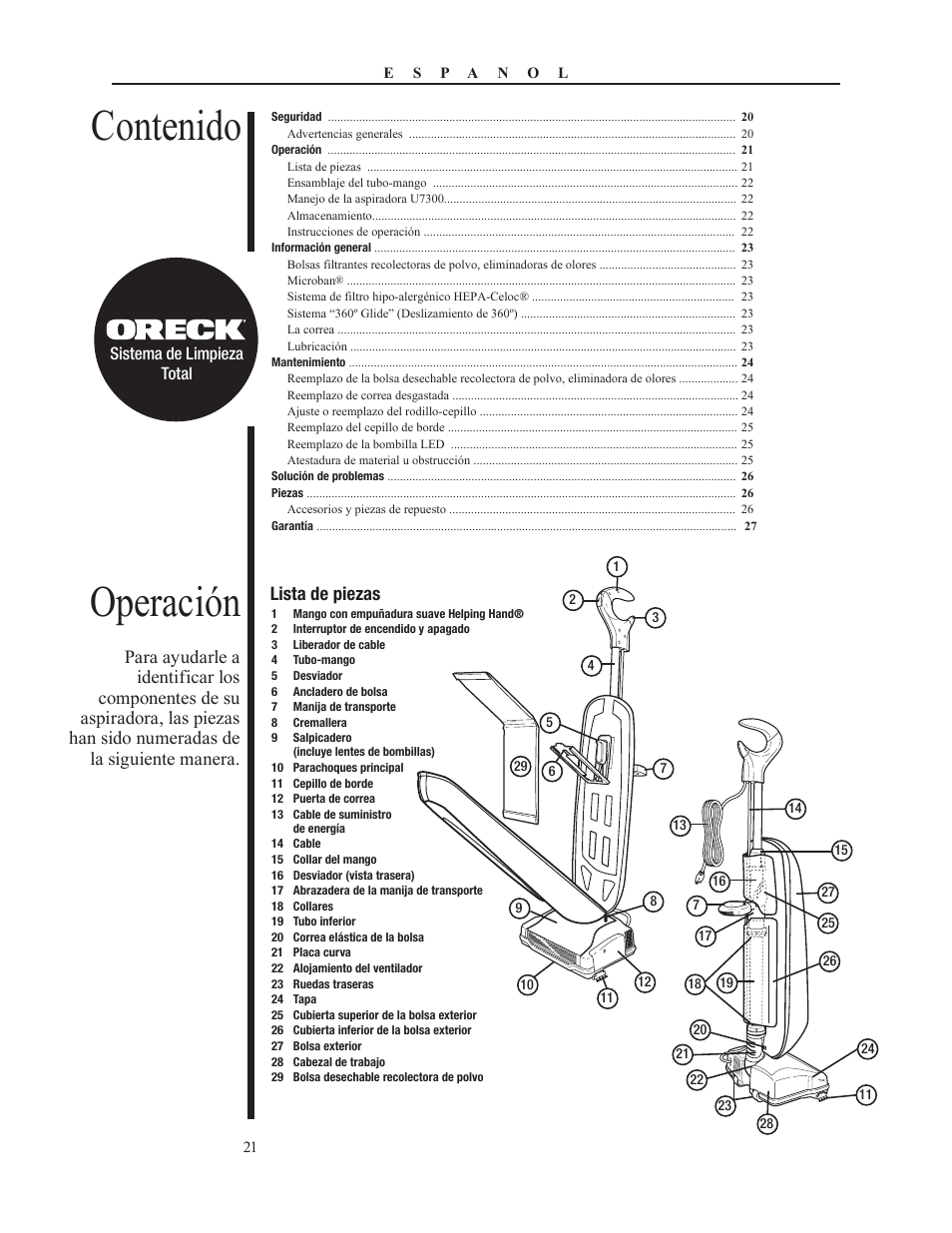 Oreck PLATINUM PILOT 79053-01REVA User Manual | Page 21 / 28