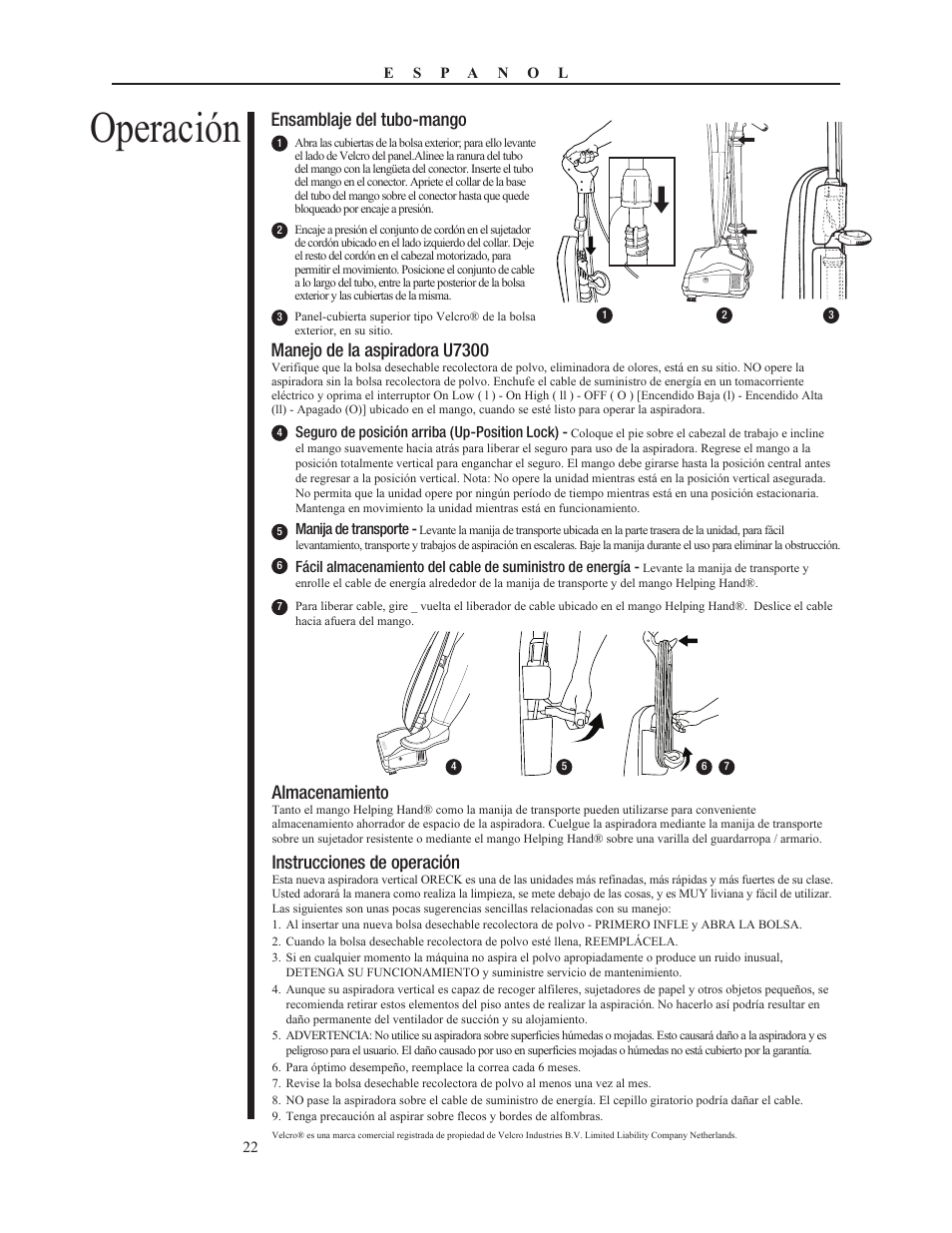 Operación, Ensamblaje del tubo-mango, Almacenamiento | Instrucciones de operación, Manejo de la aspiradora u7300 | Oreck PLATINUM PILOT 79053-01REVA User Manual | Page 22 / 28