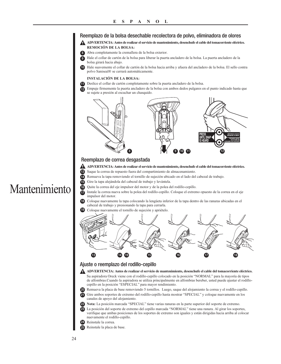 Mantenimiento, Reemplazo de correa desgastada, Ajuste o reemplazo del rodillo-cepillo | Oreck PLATINUM PILOT 79053-01REVA User Manual | Page 24 / 28