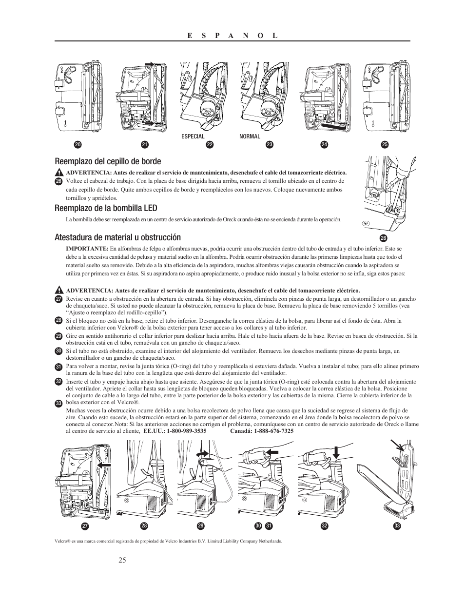Reemplazo del cepillo de borde, Reemplazo de la bombilla led, Atestadura de material u obstrucción | Oreck PLATINUM PILOT 79053-01REVA User Manual | Page 25 / 28