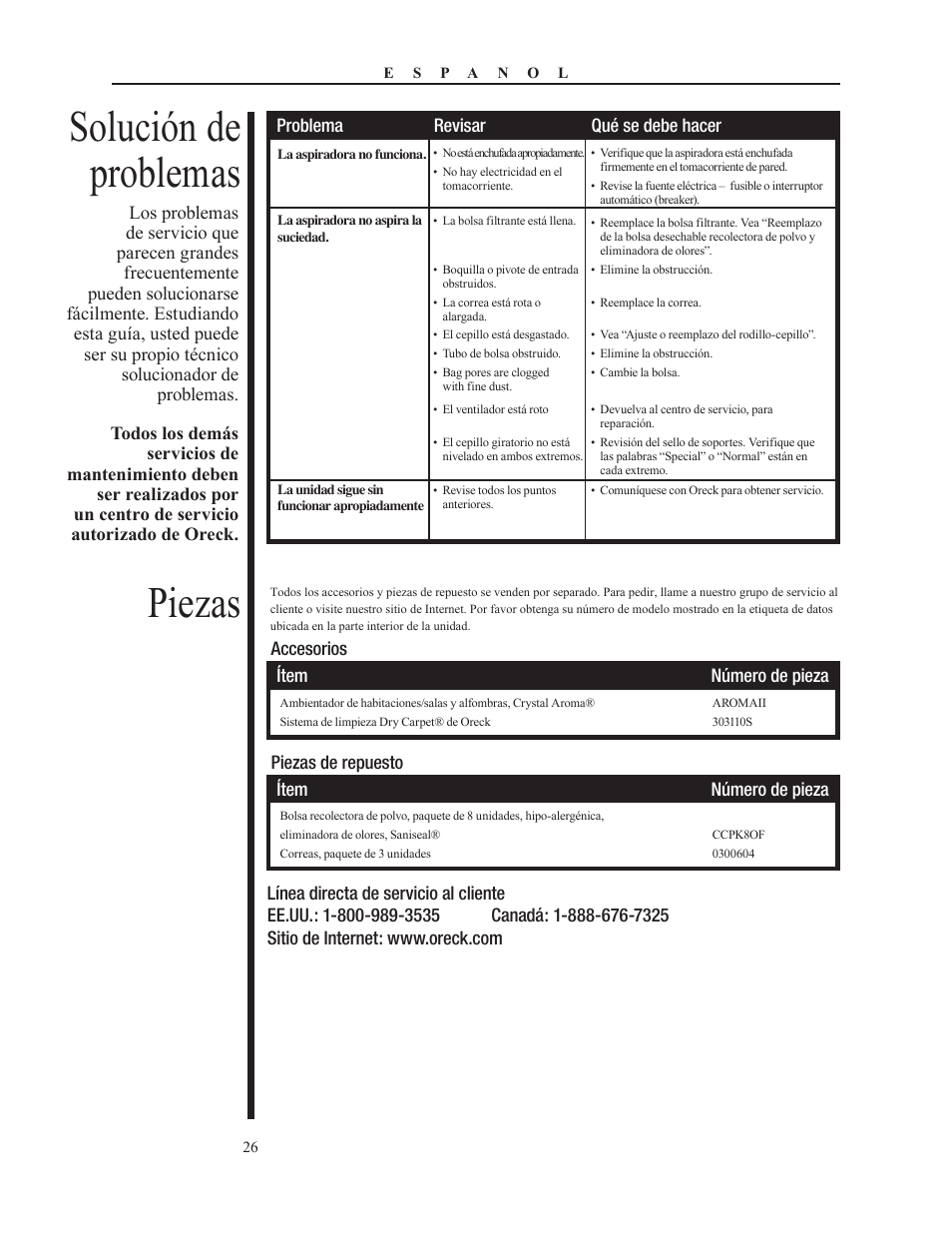 Piezas, Solución de problemas | Oreck PLATINUM PILOT 79053-01REVA User Manual | Page 26 / 28