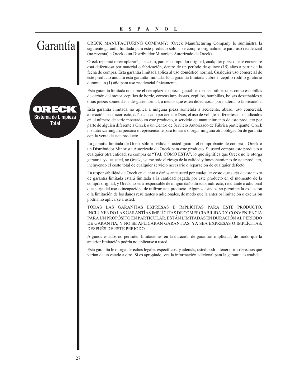 Garantía | Oreck PLATINUM PILOT 79053-01REVA User Manual | Page 27 / 28