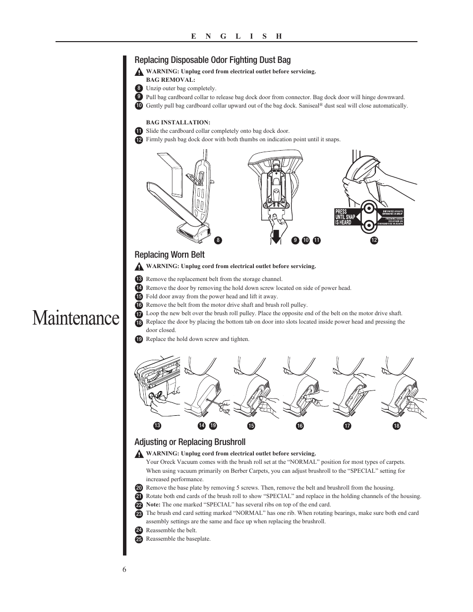 Maintenance, Replacing disposable odor fighting dust bag, Replacing worn belt | Adjusting or replacing brushroll | Oreck PLATINUM PILOT 79053-01REVA User Manual | Page 6 / 28