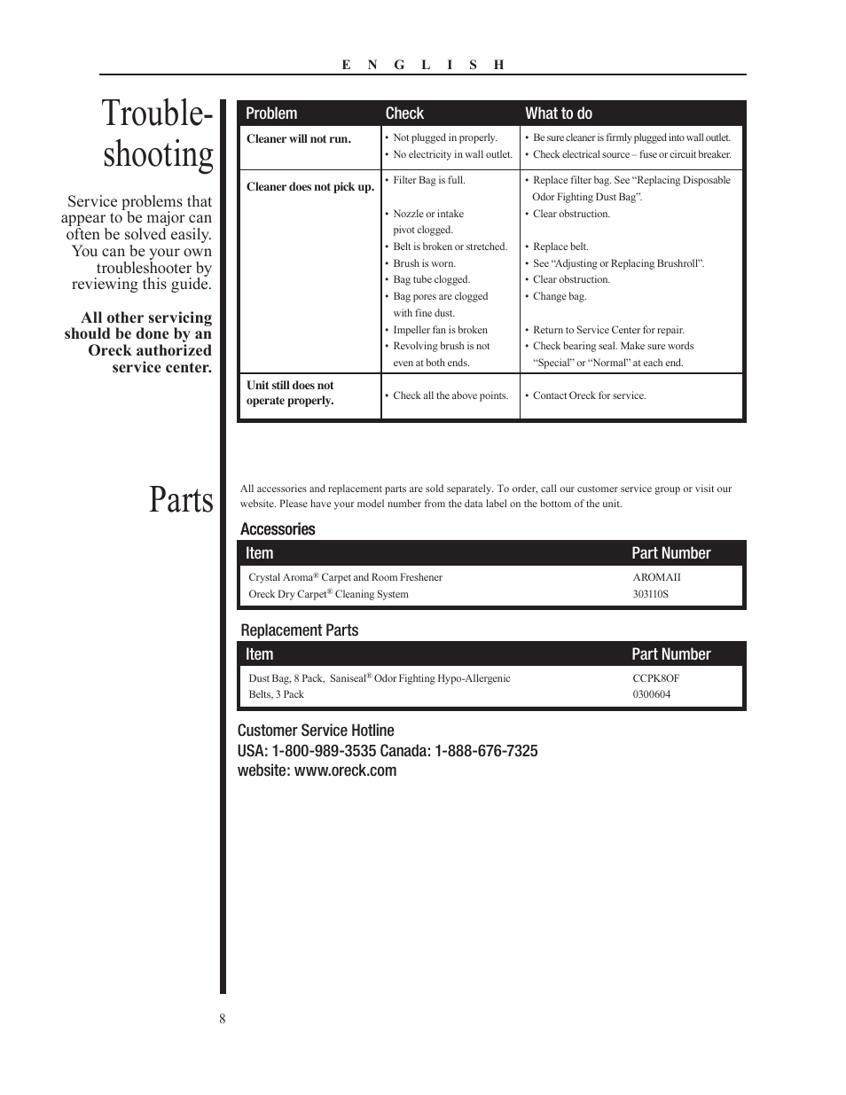 Parts, Trouble- shooting | Oreck PLATINUM PILOT 79053-01REVA User Manual | Page 8 / 28