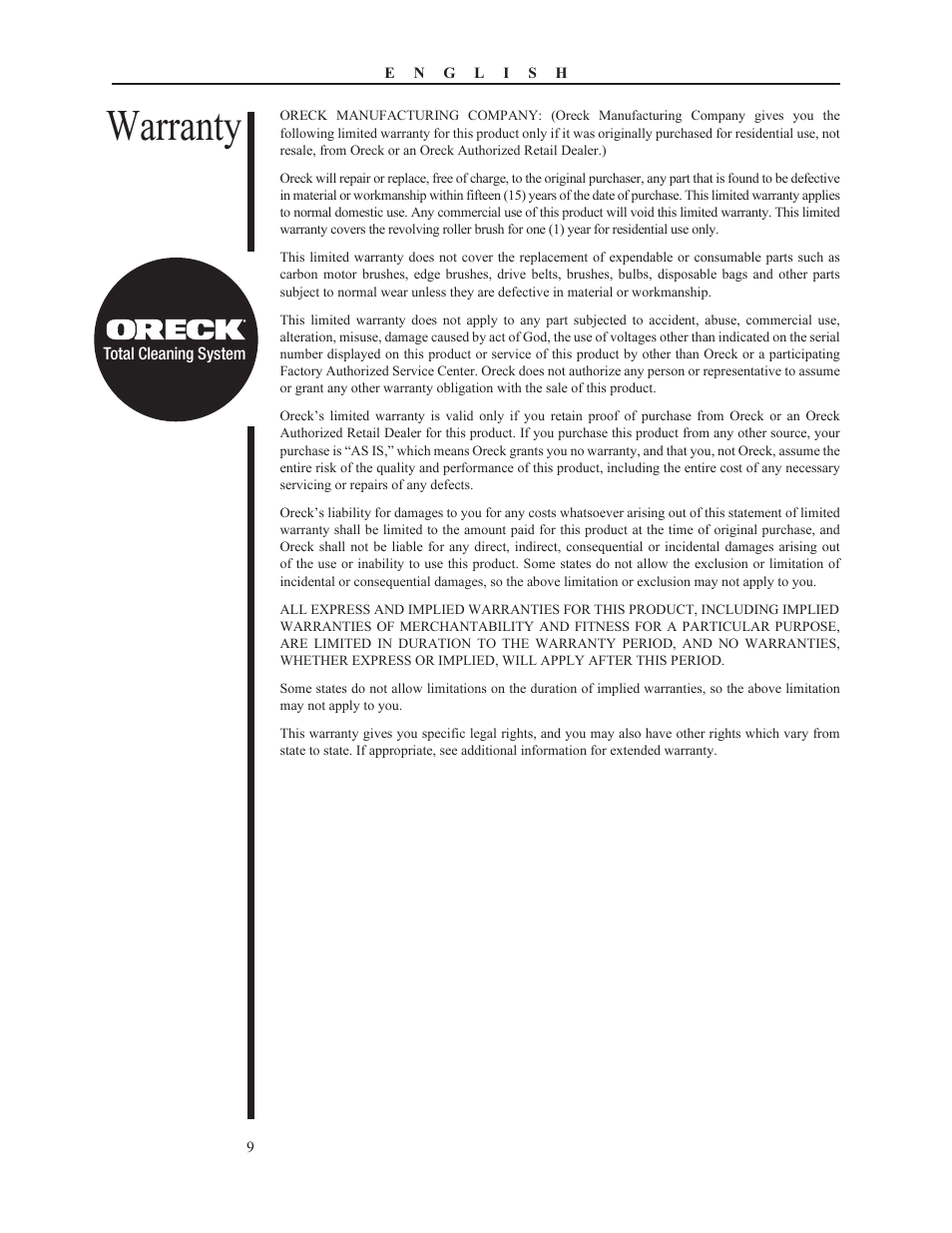 Warranty | Oreck PLATINUM PILOT 79053-01REVA User Manual | Page 9 / 28