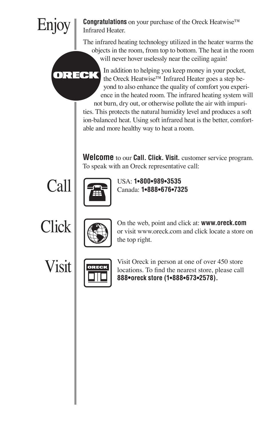 Enjoy, Click call visit, Other oreck accessories available at | Oreck HEATWISE HW1000P User Manual | Page 2 / 16