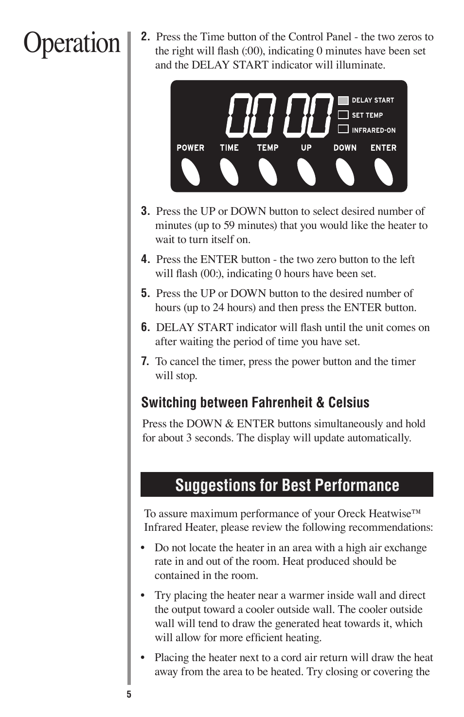 Operation, Suggestions for best performance, Switching between fahrenheit & celsius | Oreck HEATWISE HW1000P User Manual | Page 8 / 16