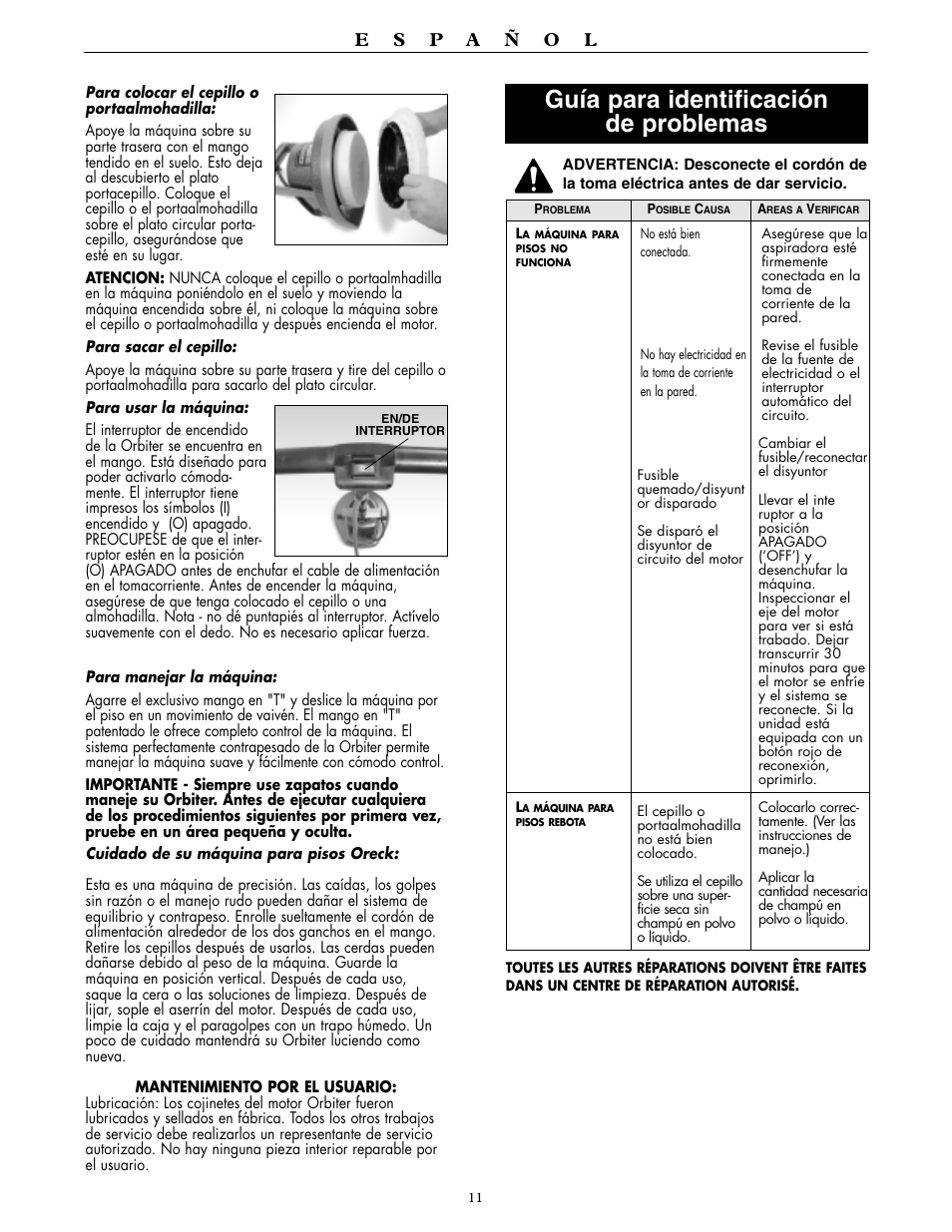 Guía para identificación de problemas | Oreck Orbiter Multi-Purpose Floor Machine ORB557MC Series User Manual | Page 11 / 16