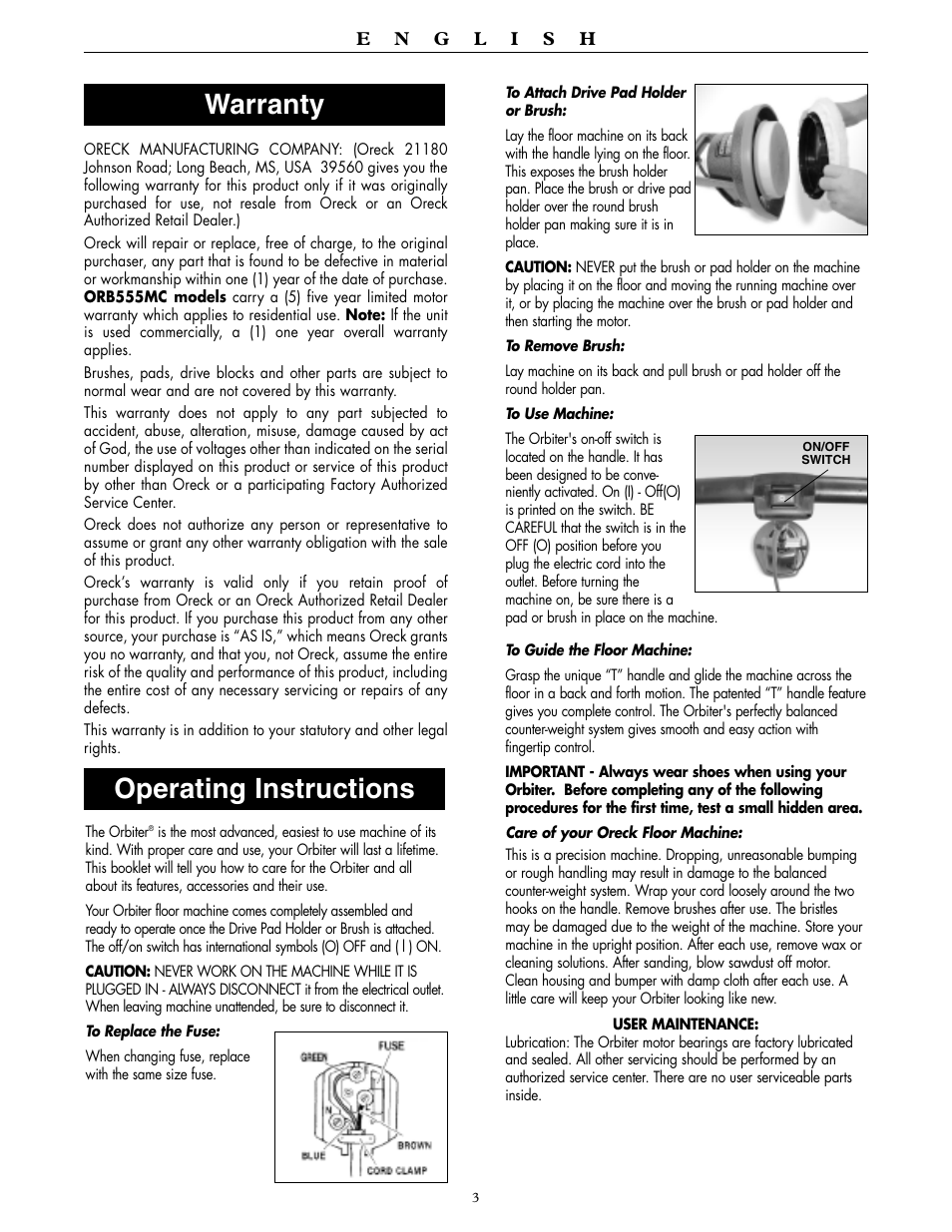 Operating instructions warranty | Oreck Orbiter Multi-Purpose Floor Machine ORB557MC Series User Manual | Page 3 / 16