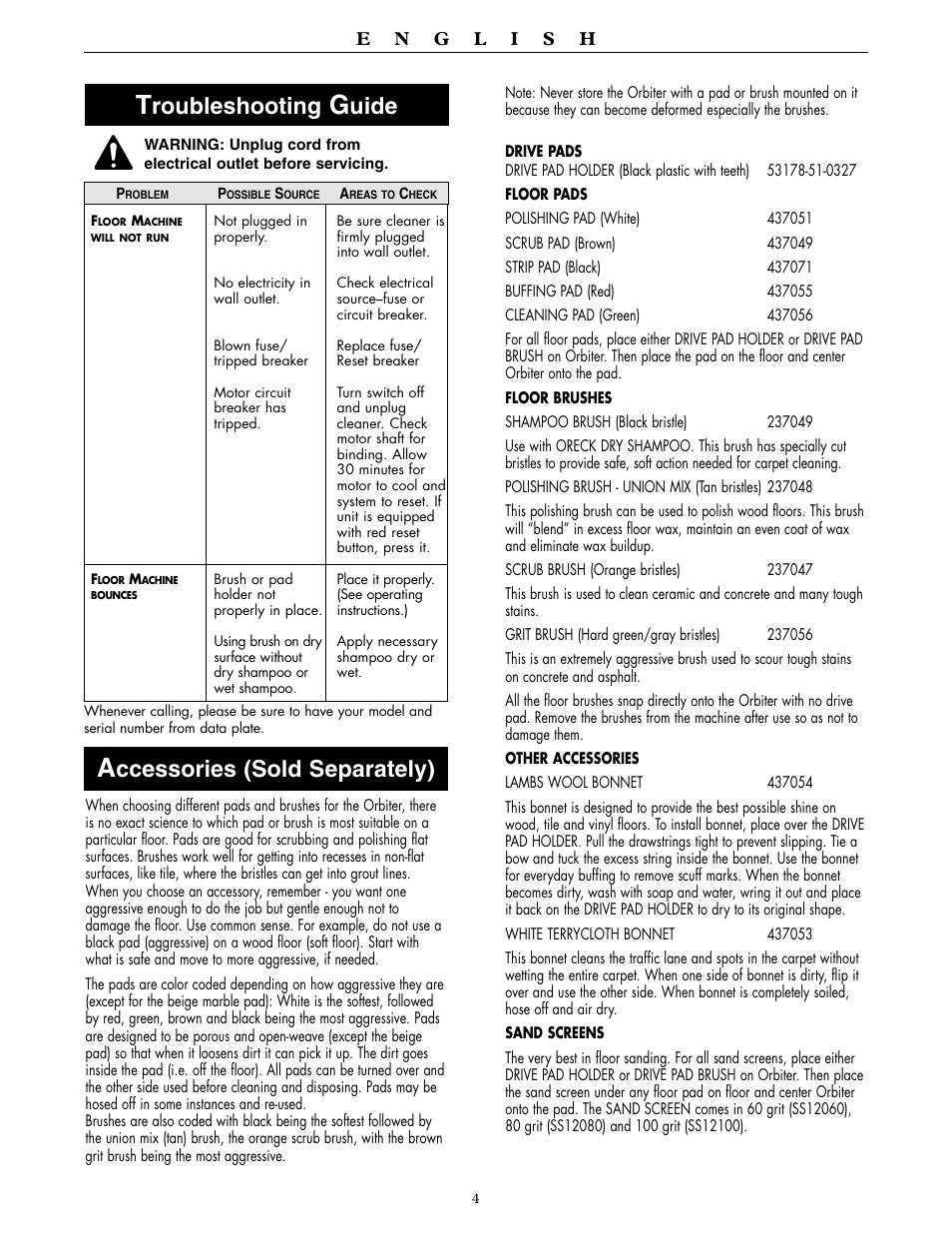 Roubleshooting, Uide, Ccessories (sold separately) | Oreck Orbiter Multi-Purpose Floor Machine ORB557MC Series User Manual | Page 4 / 16